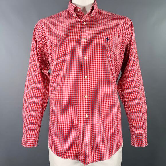 RALPH LAUREN Size L Red Blue Window Pane Cotton Button Down Long Sleeve Shirt - Picture 1 of 5